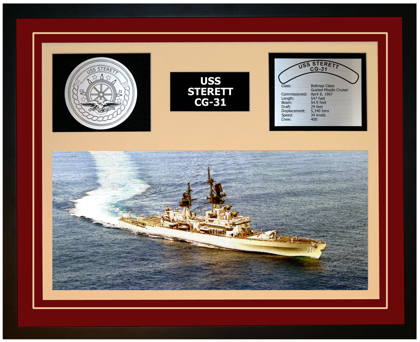 USS STERETT CG-31 Framed Navy Ship Display Burgundy