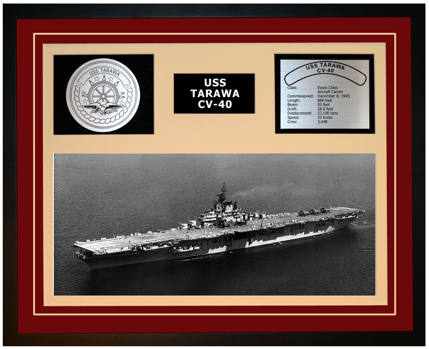USS TARAWA CV-40 Framed Navy Ship Display Burgundy