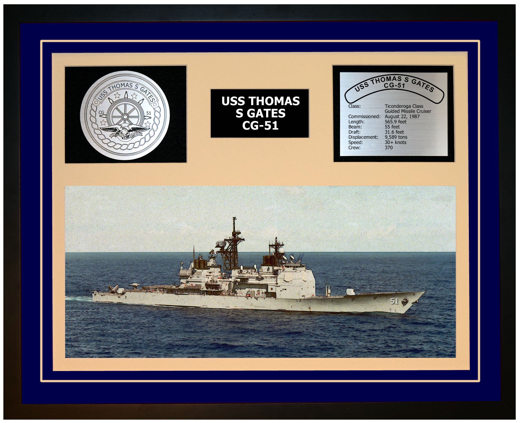 USS THOMAS S GATES CG-51 Framed Navy Ship Display Blue