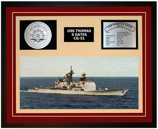 USS THOMAS S GATES CG-51 Framed Navy Ship Display Burgundy