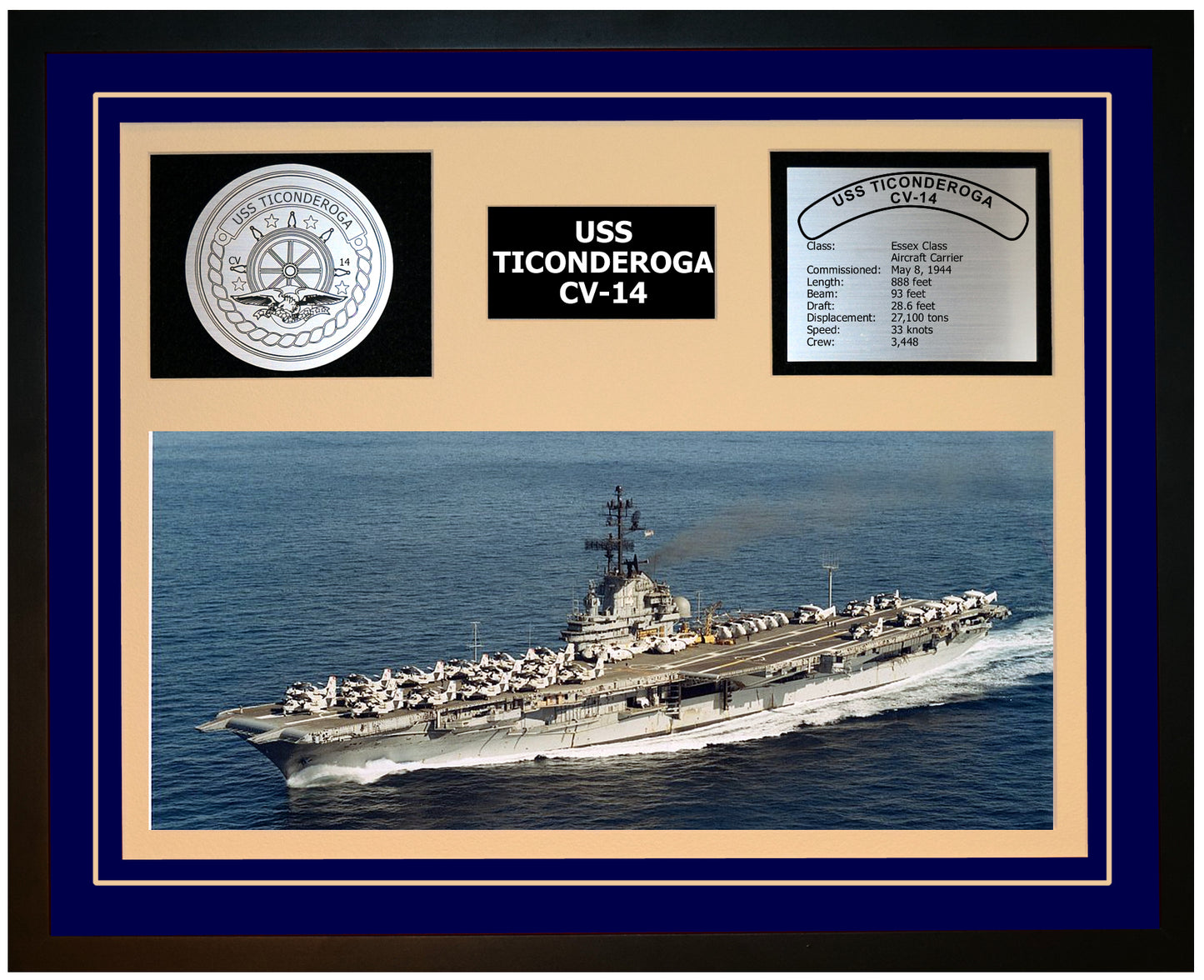 USS TICONDEROGA CV-14 Framed Navy Ship Display Blue