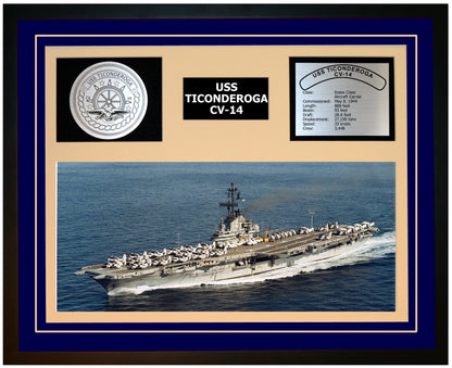 USS TICONDEROGA CV-14 Framed Navy Ship Display Blue