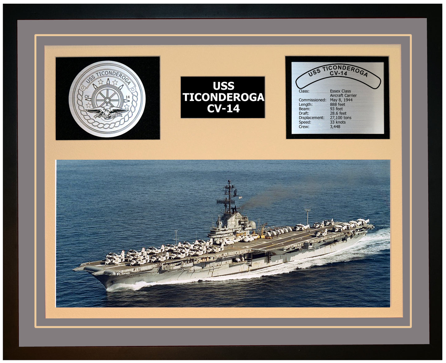 USS TICONDEROGA CV-14 Framed Navy Ship Display Grey
