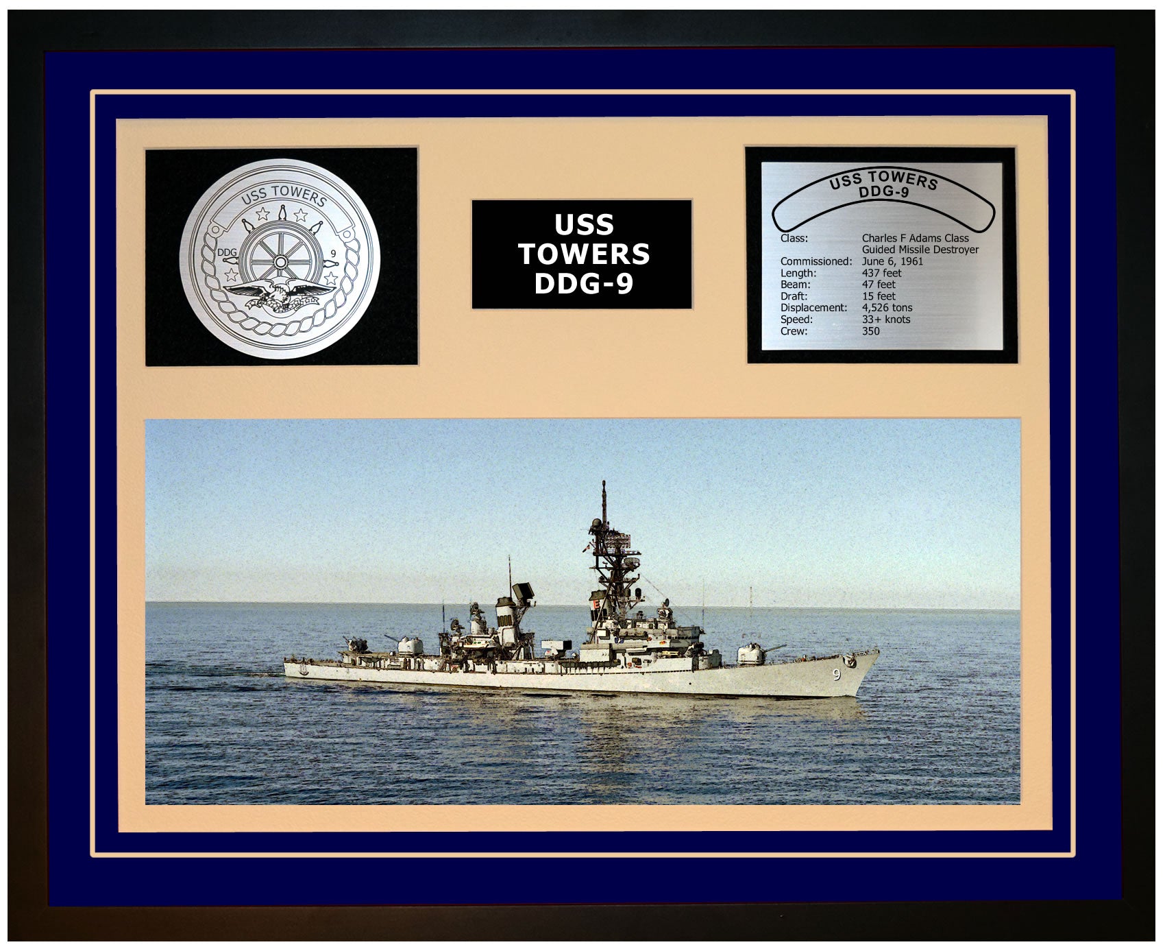 USS TOWERS DDG-9 Framed Navy Ship Display Blue