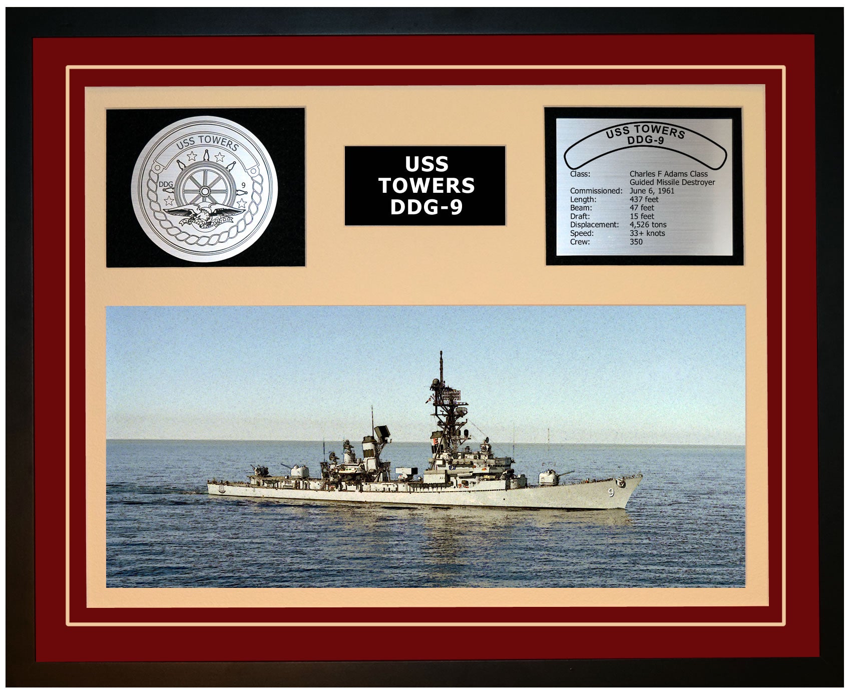 USS TOWERS DDG-9 Framed Navy Ship Display Burgundy
