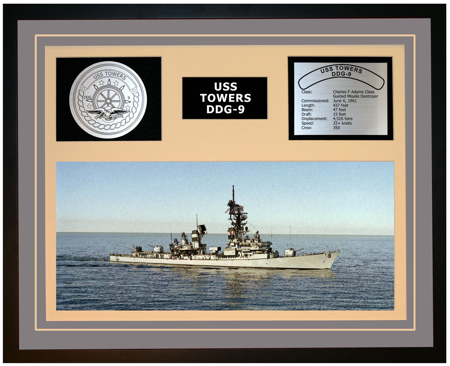 USS TOWERS DDG-9 Framed Navy Ship Display Grey