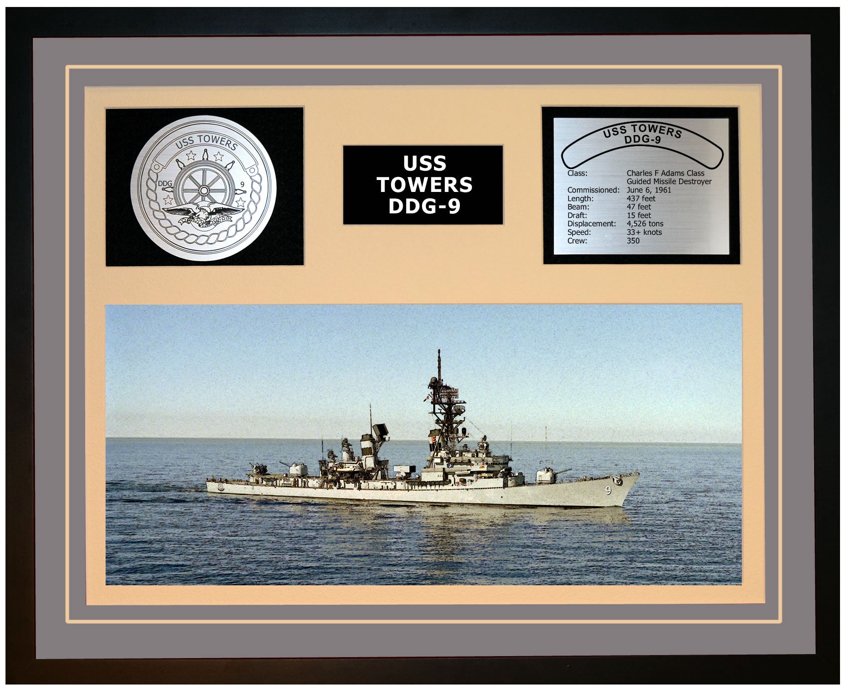 USS TOWERS DDG-9 Framed Navy Ship Display Grey