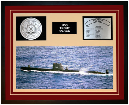 USS TROUT SS-566 Framed Navy Ship Display Burgundy
