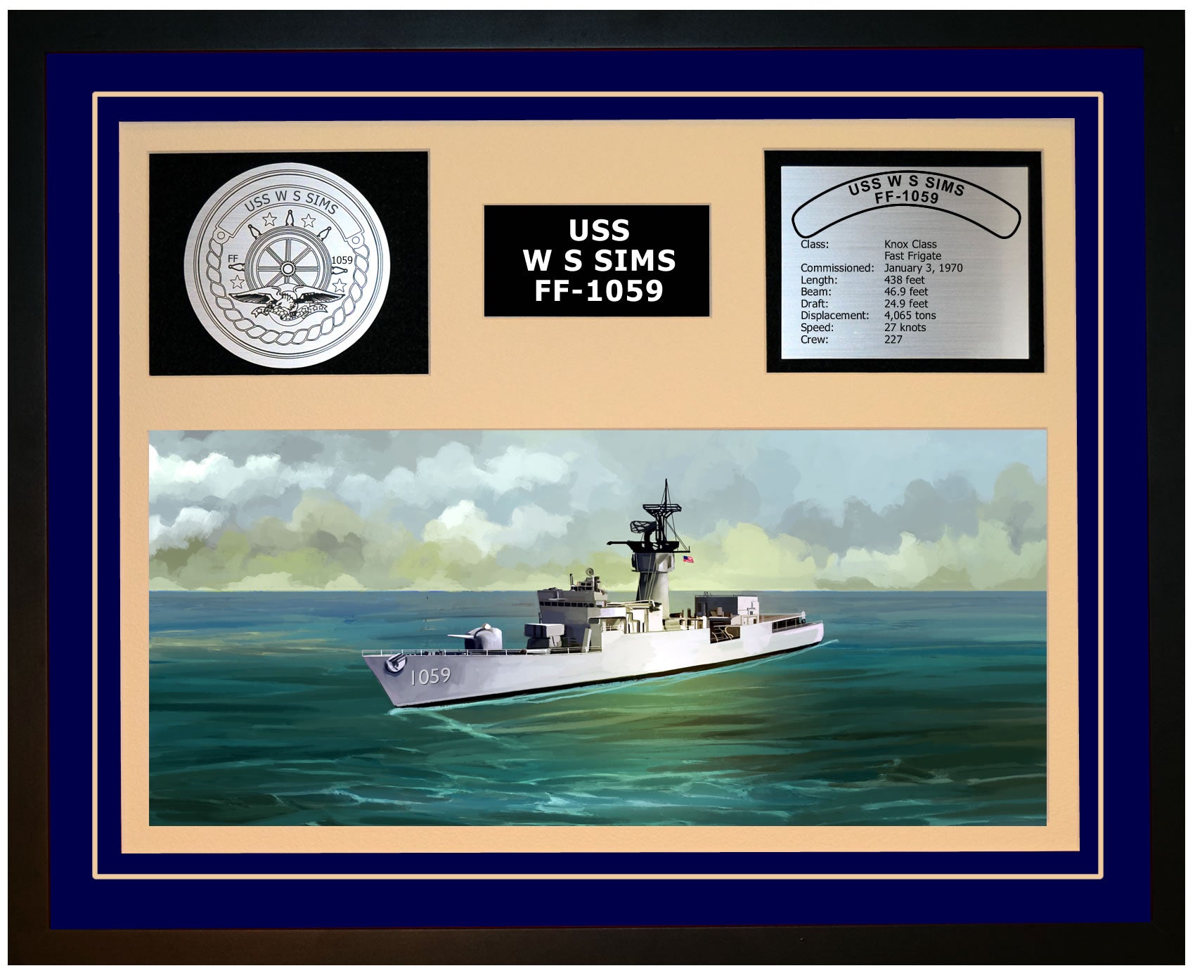 USS W S SIMS FF-1059 Framed Navy Ship Display Blue