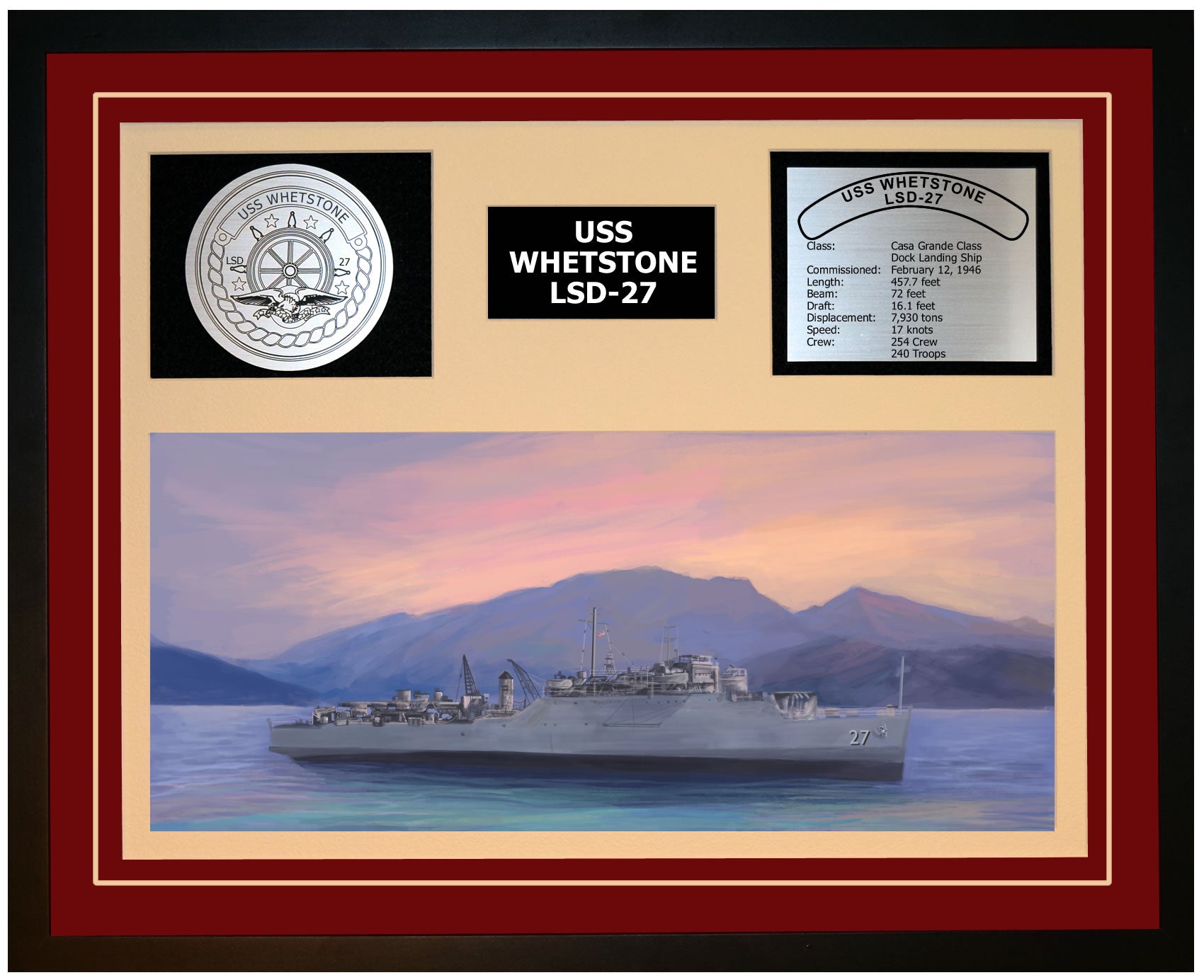 USS WHETSTONE LSD-27 Framed Navy Ship Display Burgundy