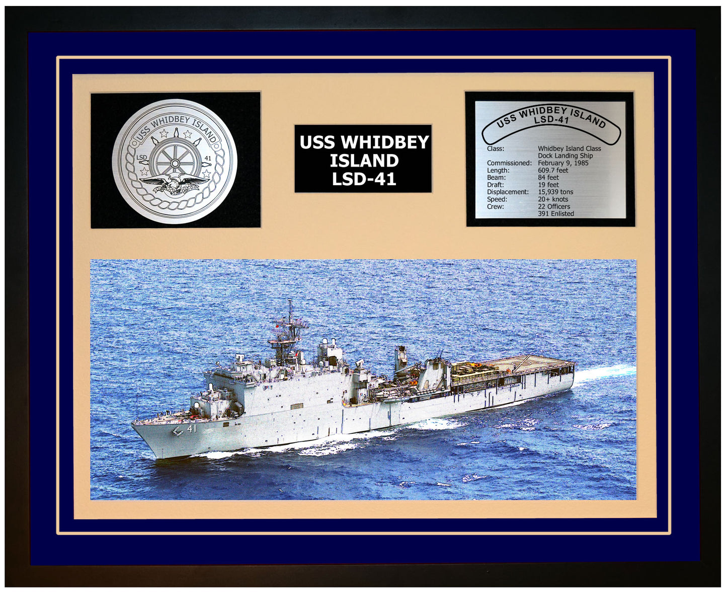 USS WHIDBEY ISLAND LSD-41 Framed Navy Ship Display Blue