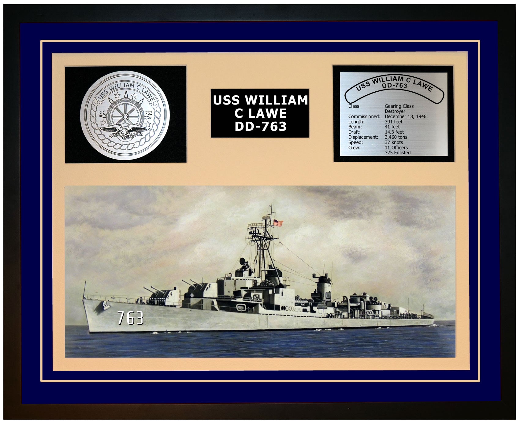 USS WILLIAM C LAWE DD-763 Framed Navy Ship Display Blue