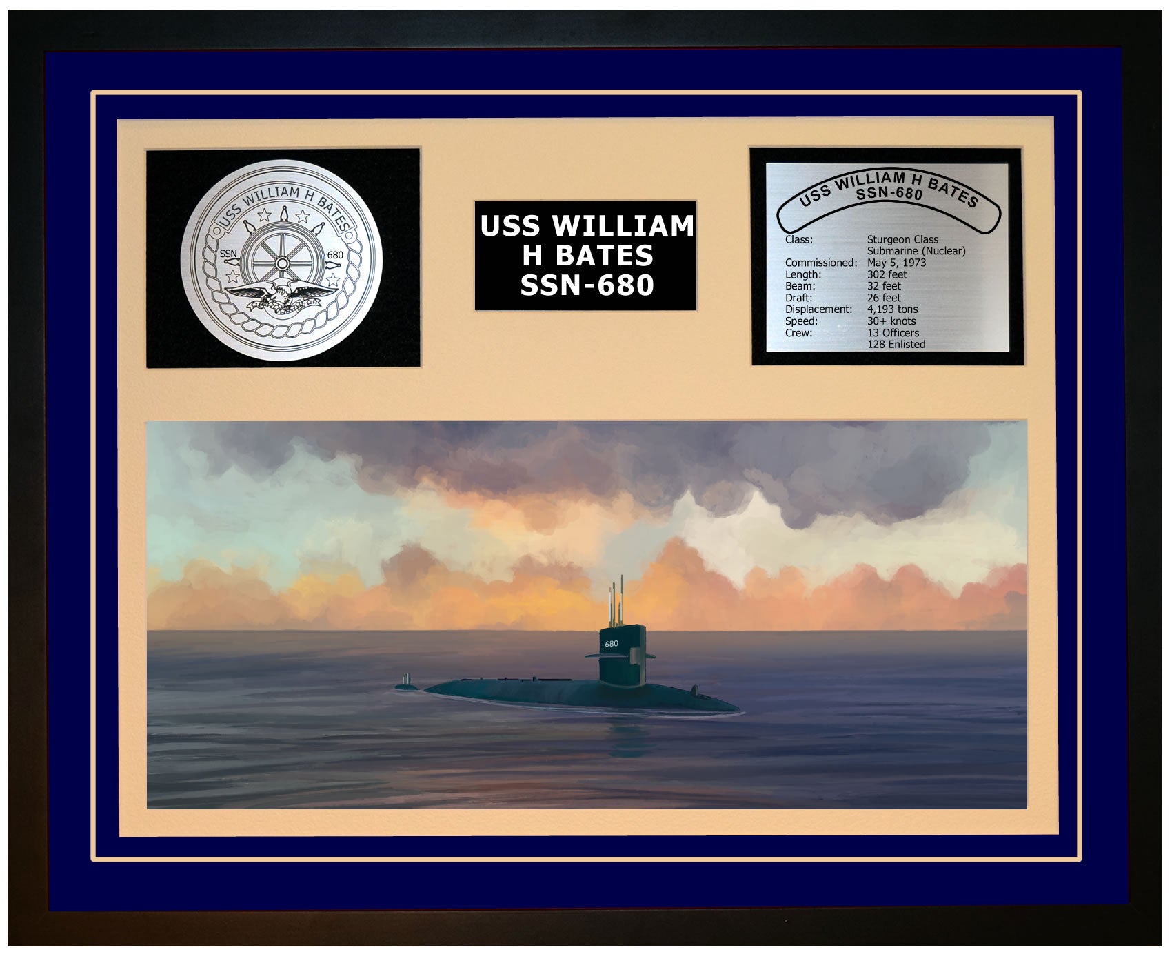 USS WILLIAM H BATES SSN-680 Framed Navy Ship Display Blue