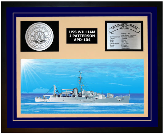 USS WILLIAM J PATTERSON APD-104 Framed Navy Ship Display Blue