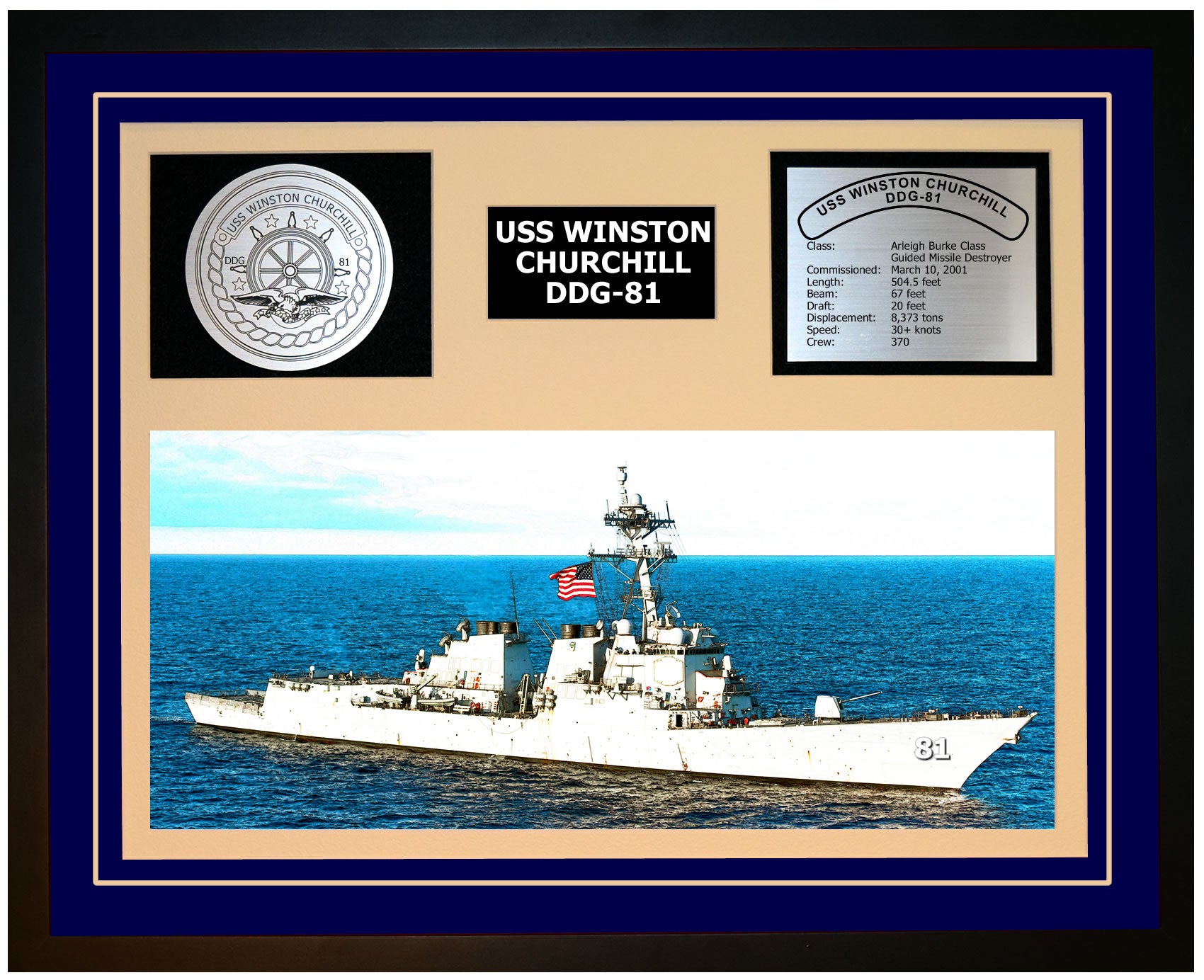 USS WINSTON CHURCHILL DDG-81 Framed Navy Ship Display Blue