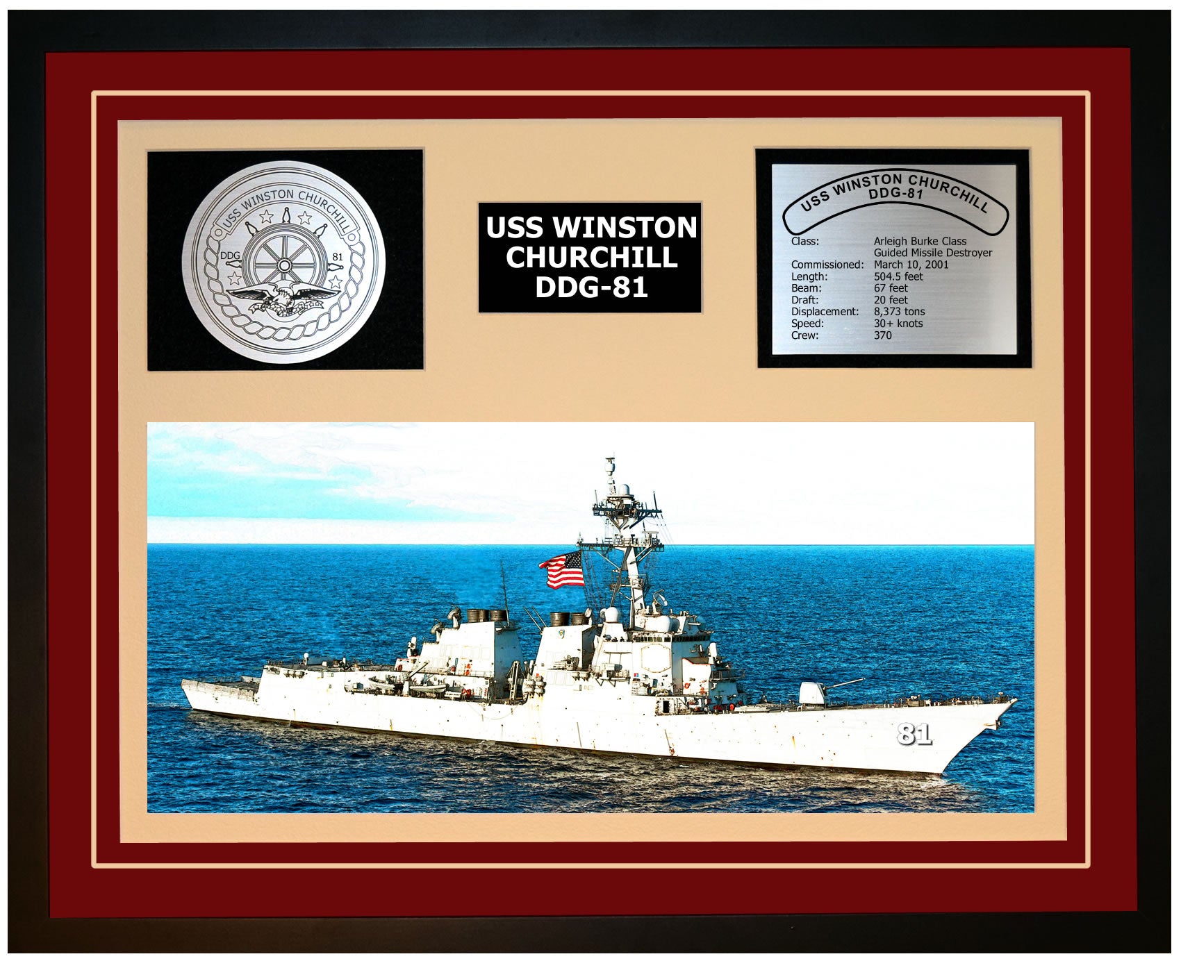 USS WINSTON CHURCHILL DDG-81 Framed Navy Ship Display Burgundy