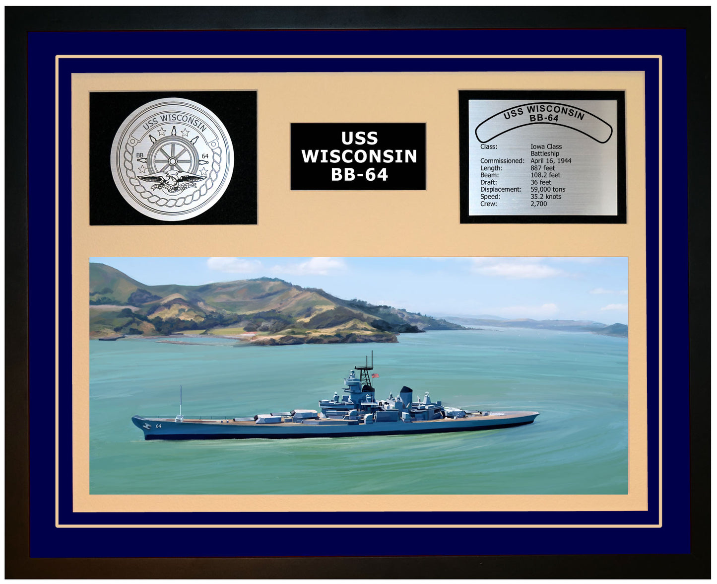 USS WISCONSIN BB-64 Framed Navy Ship Display Blue