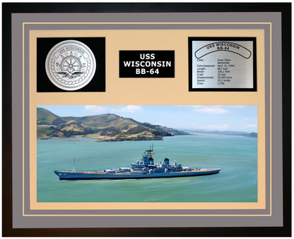 USS WISCONSIN BB-64 Framed Navy Ship Display Grey