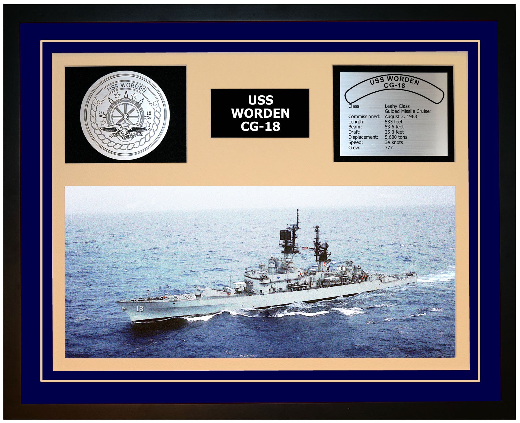 USS WORDEN CG-18 Framed Navy Ship Display Blue