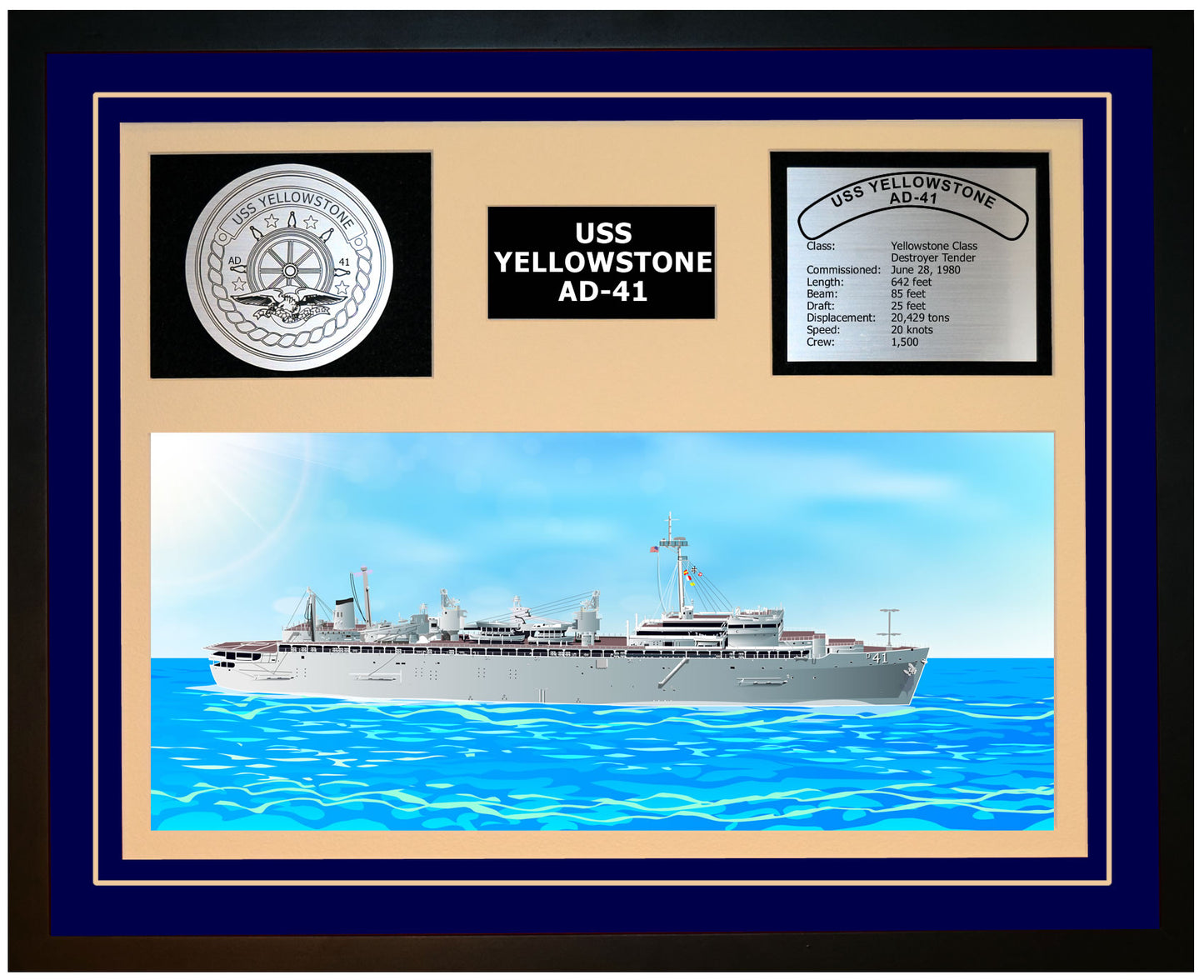 USS YELLOWSTONE AD-41 Framed Navy Ship Display Blue