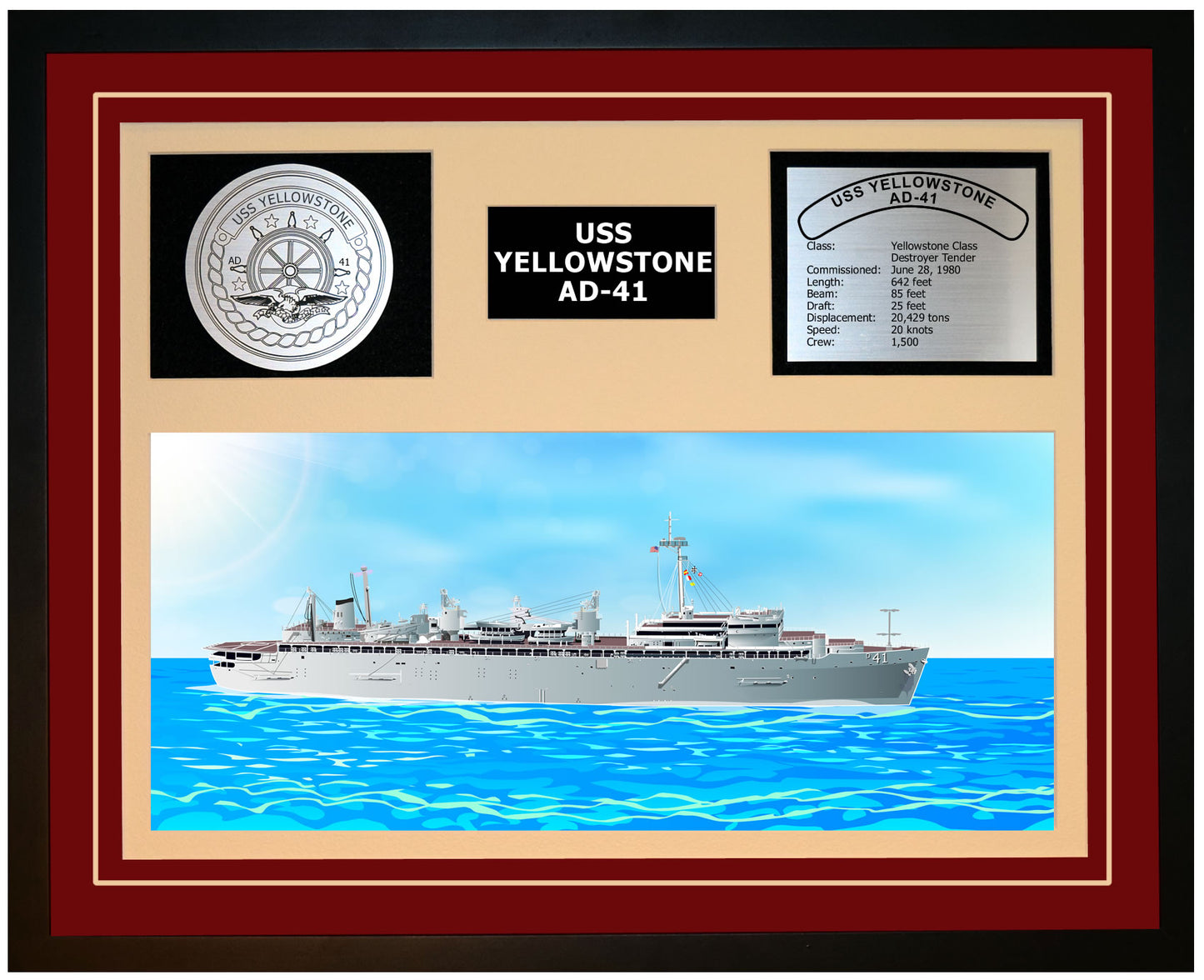 USS YELLOWSTONE AD-41 Framed Navy Ship Display Burgundy