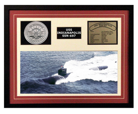 USS Indianapolis  SSN 697  - Framed Navy Ship Display Burgundy