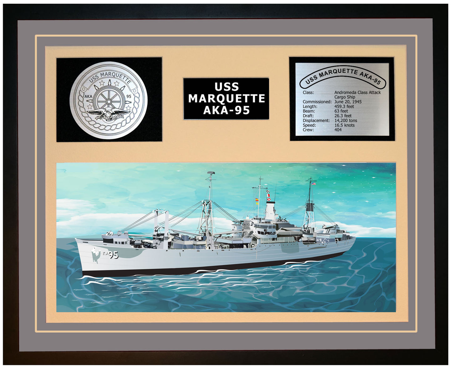 USS Marquette AKA-95 Framed Navy Ship Display Grey