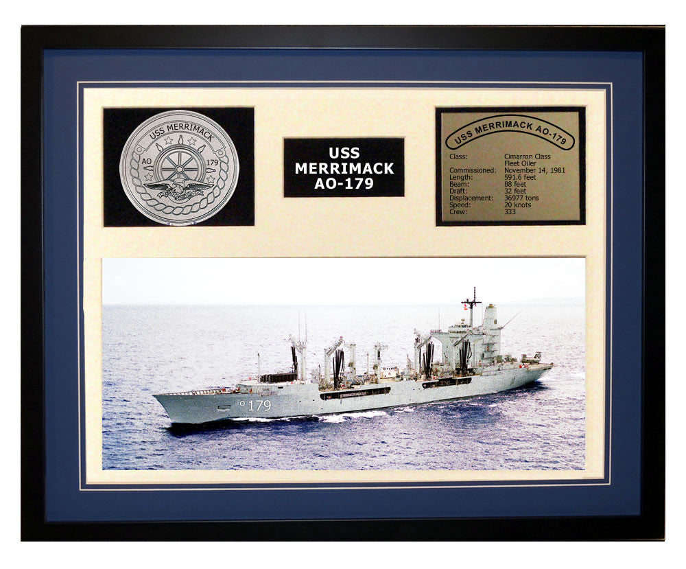 USS Merrimack  AO 179  - Framed Navy Ship Display Blue