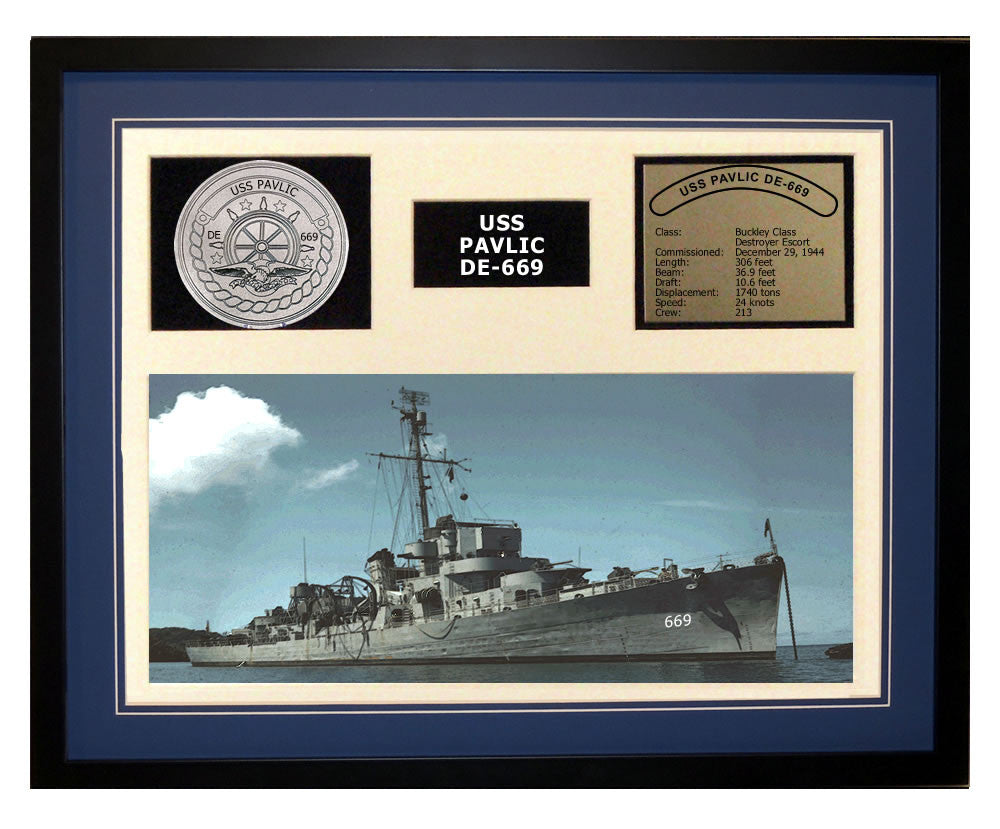 USS Pavlic  DE 669  - Framed Navy Ship Display Blue