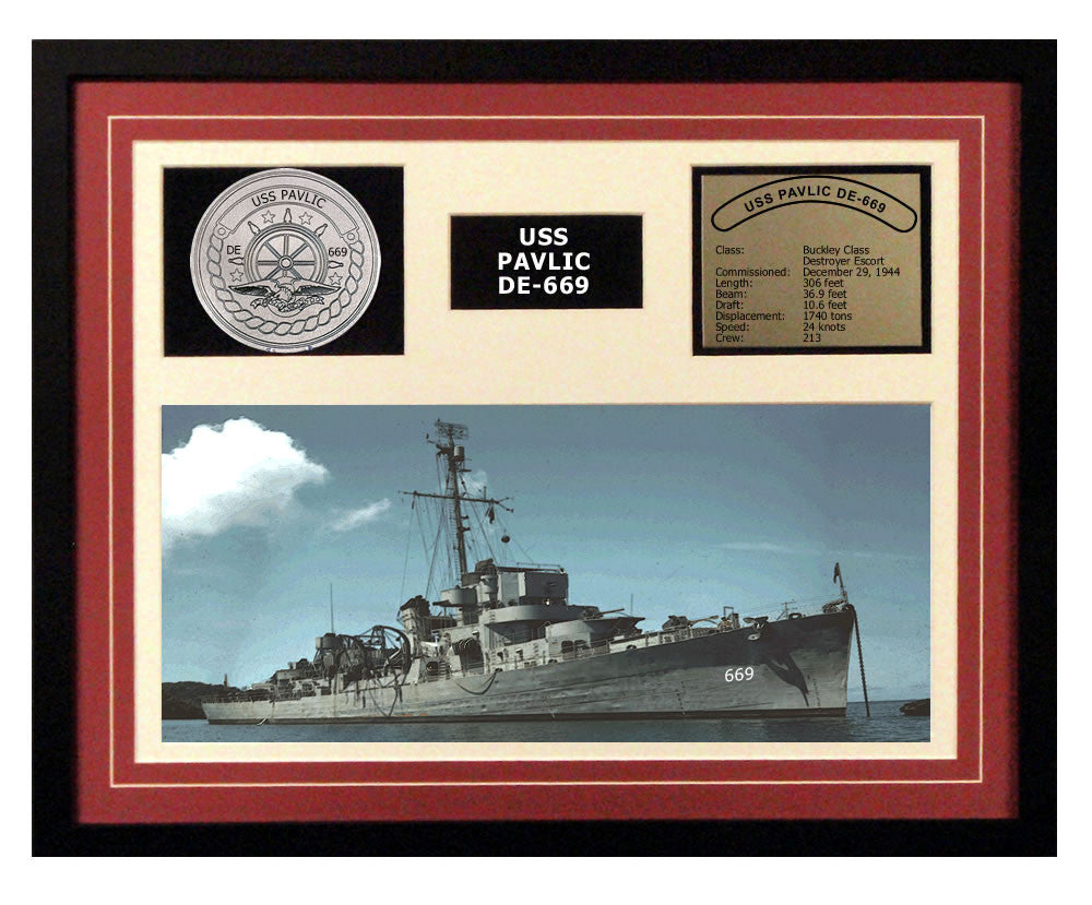 USS Pavlic  DE 669  - Framed Navy Ship Display Burgundy