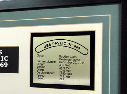USS Pavlic DE669 Framed Navy Ship Display Text Plaque