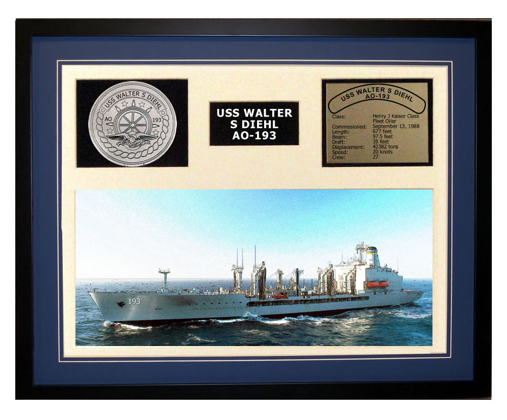 USS Walter S Diehl  AO 193  - Framed Navy Ship Display Blue