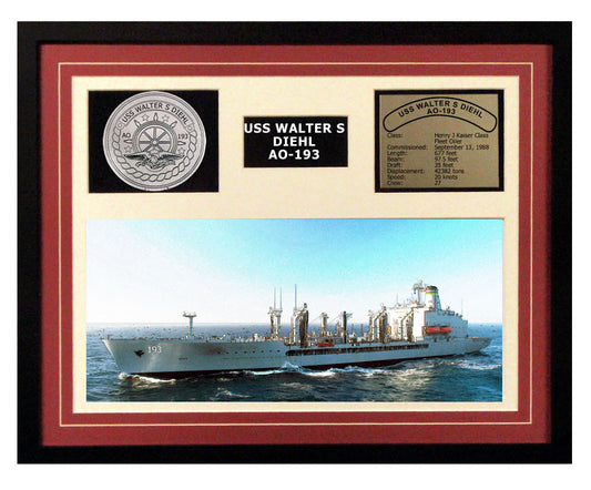 USS Walter S Diehl  AO 193  - Framed Navy Ship Display Burgundy