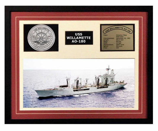 USS Willamette  AO 180  - Framed Navy Ship Display Burgundy