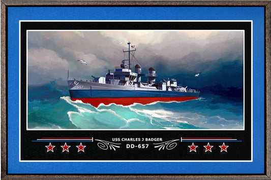 USS CHARLES J BADGER DD 657 BOX FRAMED CANVAS ART BLUE