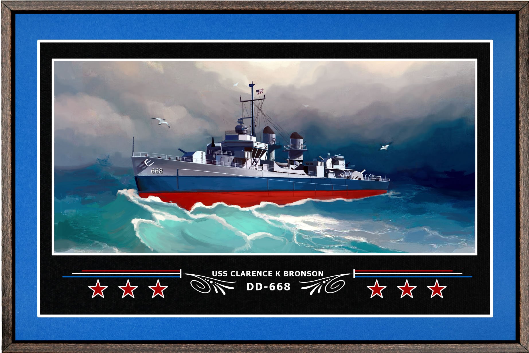 USS CLARENCE K BRONSON DD 668 BOX FRAMED CANVAS ART BLUE