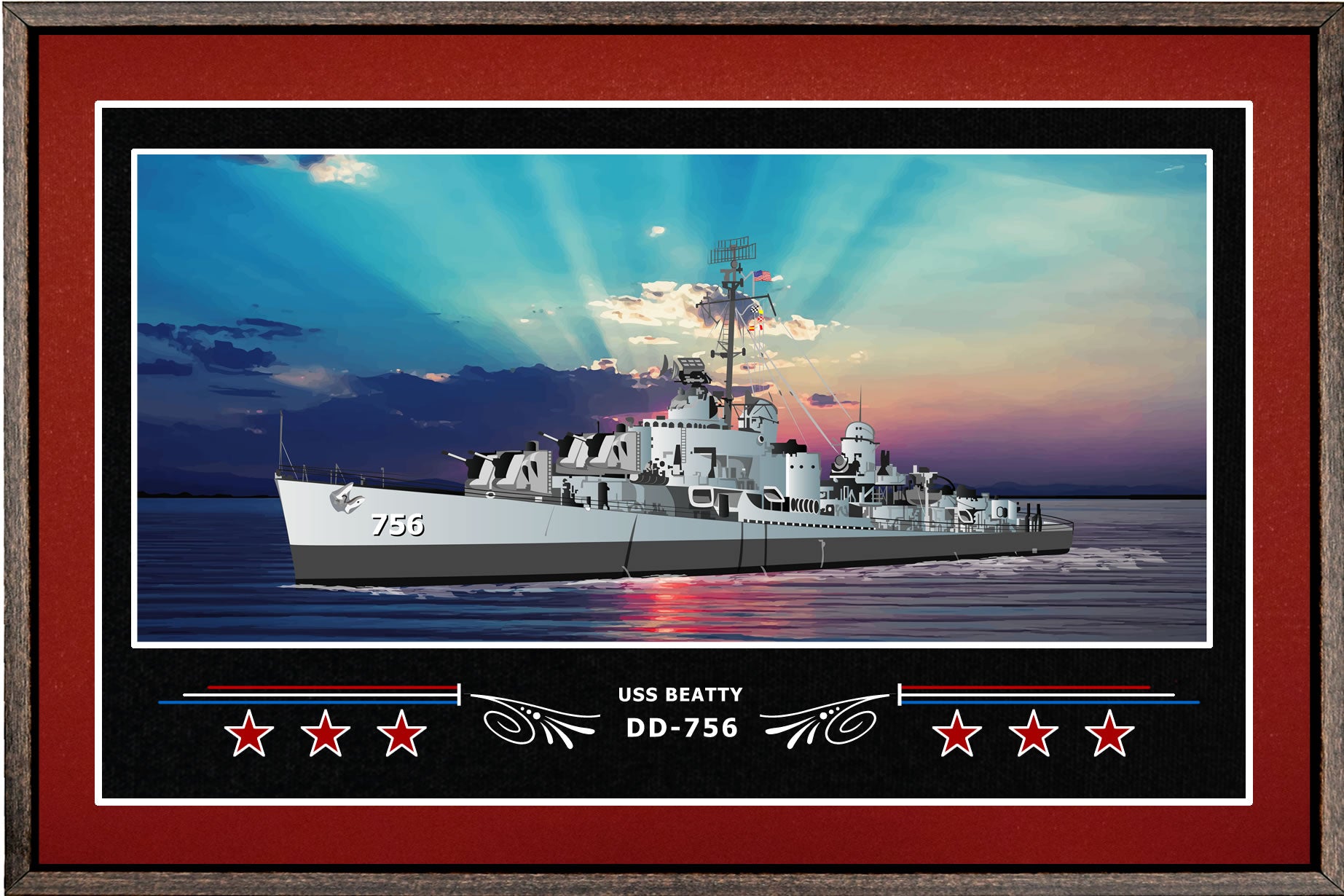 USS BEATTY DD 756 BOX FRAMED CANVAS ART BURGUNDY