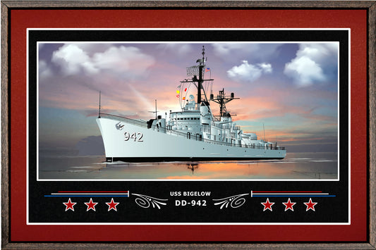 USS BIGELOW DD 942 BOX FRAMED CANVAS ART BURGUNDY