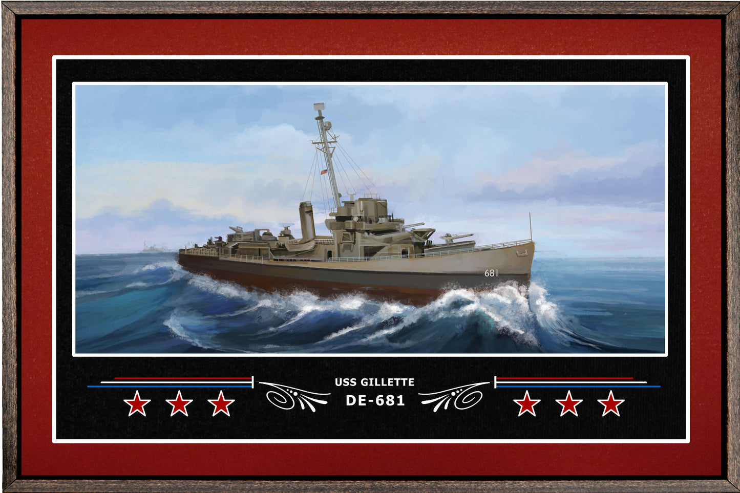 USS GILLETTE DE 681 BOX FRAMED CANVAS ART BURGUNDY