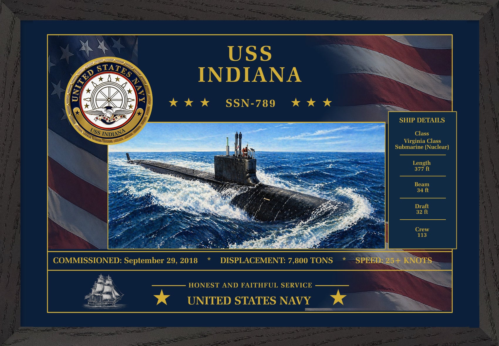 USS Indiana SSN-789 Framed Patriotic Art