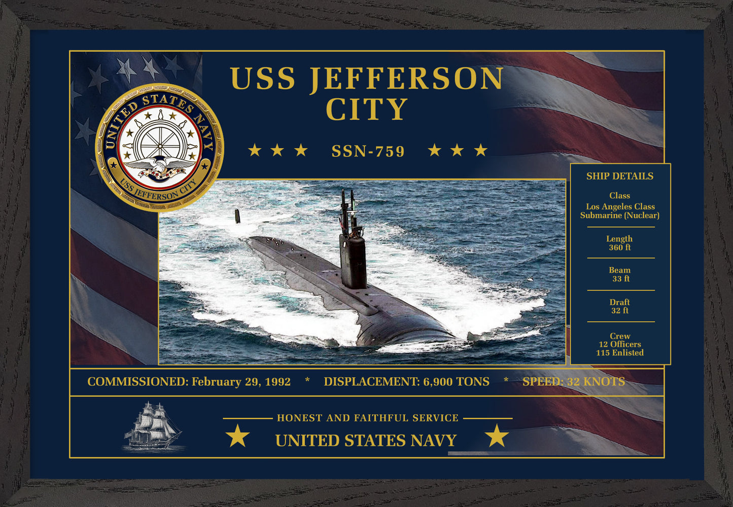 USS Jefferson City SSN-759 Framed Patriotic Art