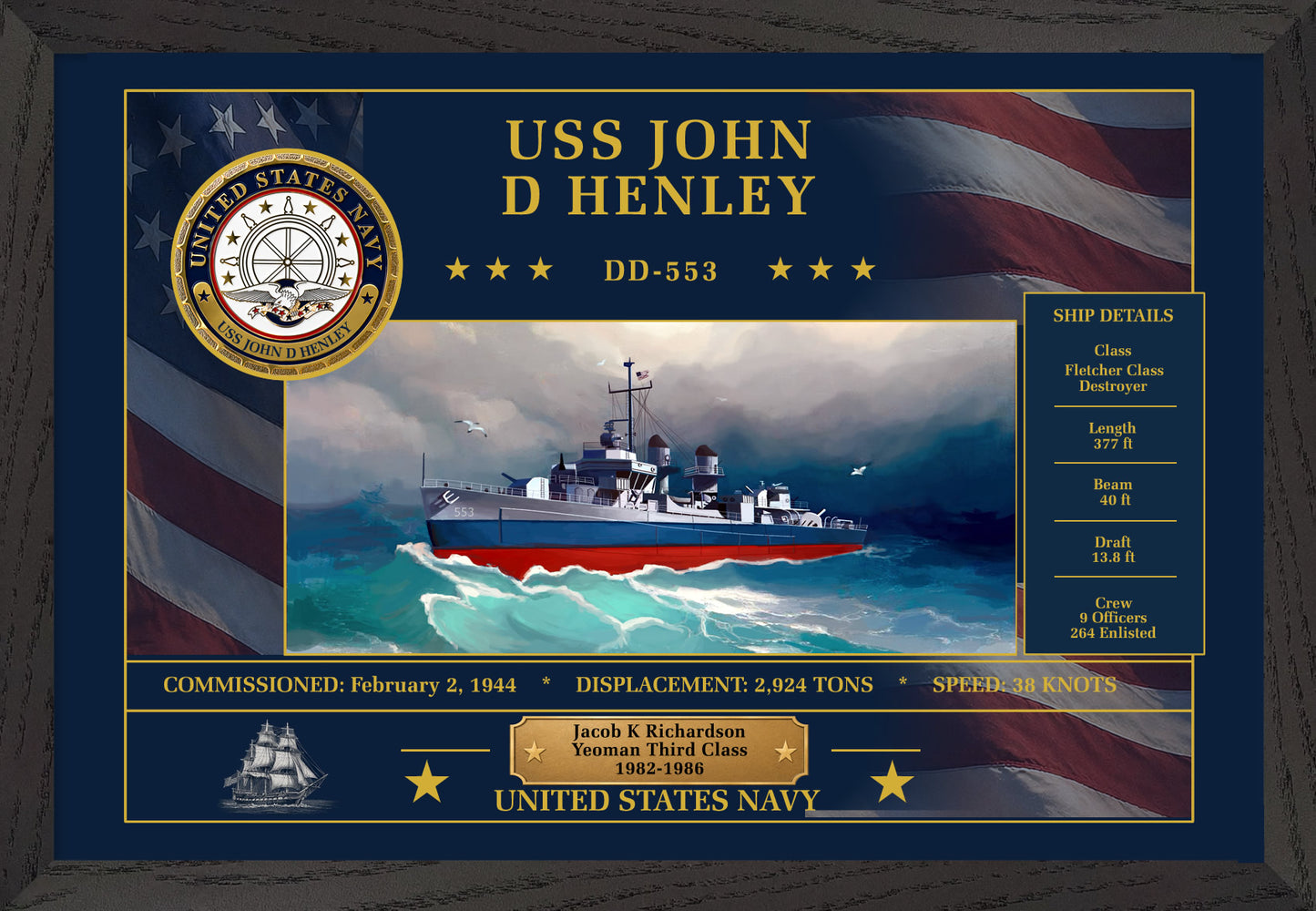 USS John D Henley DD-553 Framed Patriotic Art