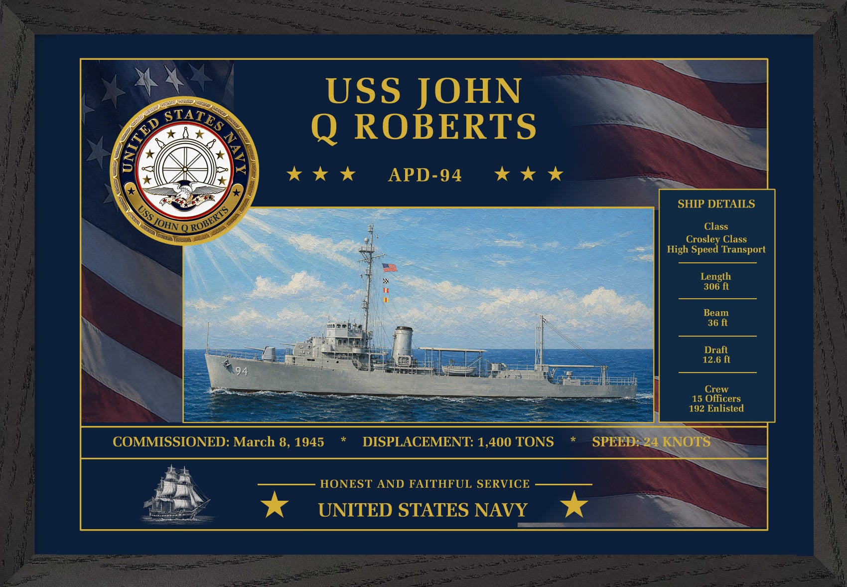 USS John Q Roberts APD-94 Framed Patriotic Art