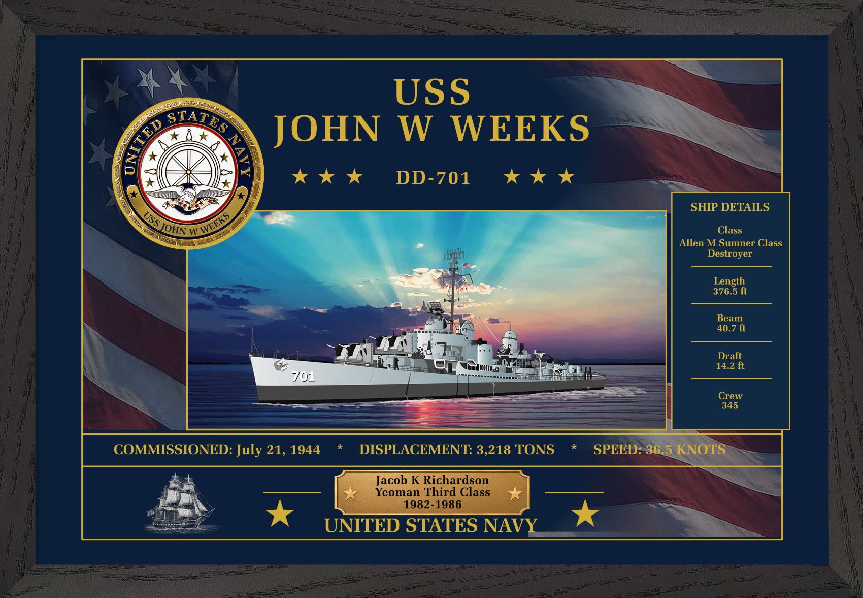 USS John W Weeks DD-701 Framed Patriotic Art