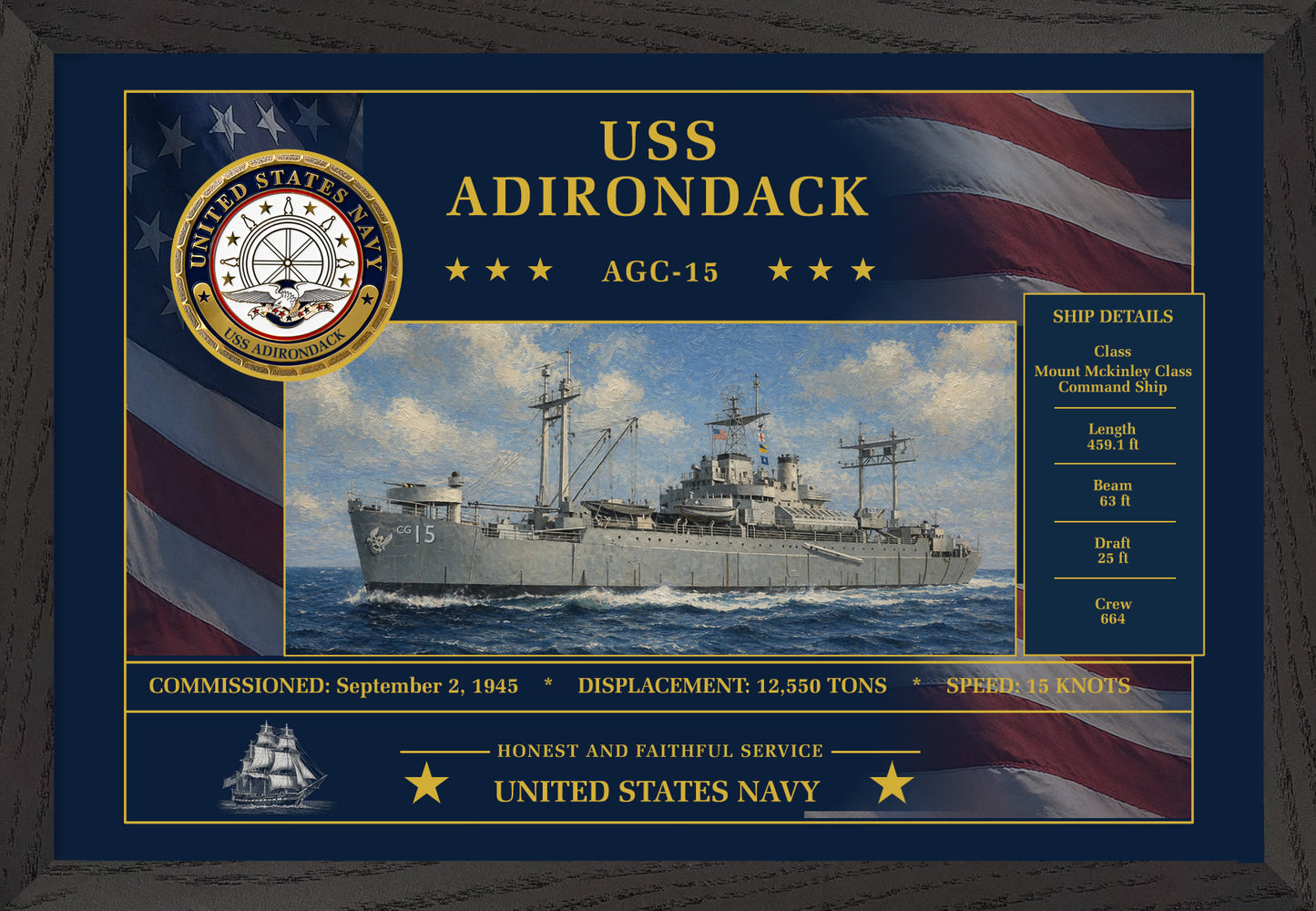 USS Adirondack AGC-15 Framed Patriotic Art