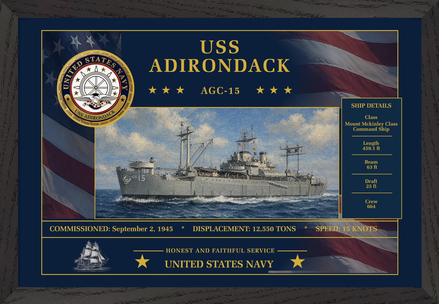 USS Adirondack AGC-15 Framed Patriotic Art