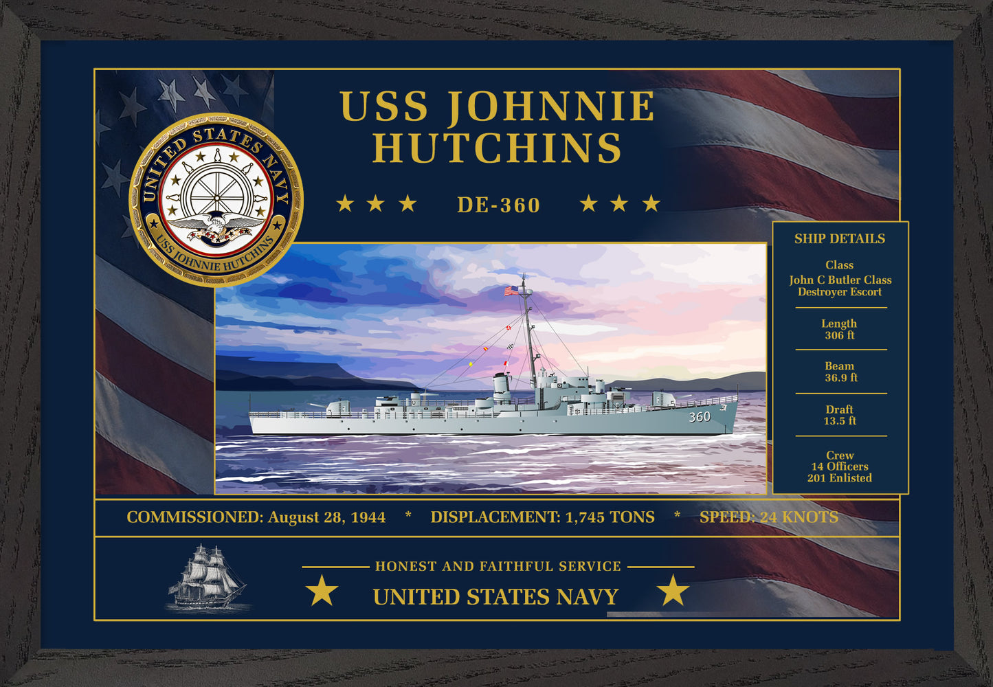 USS Johnnie Hutchins DE-360 Framed Patriotic Art