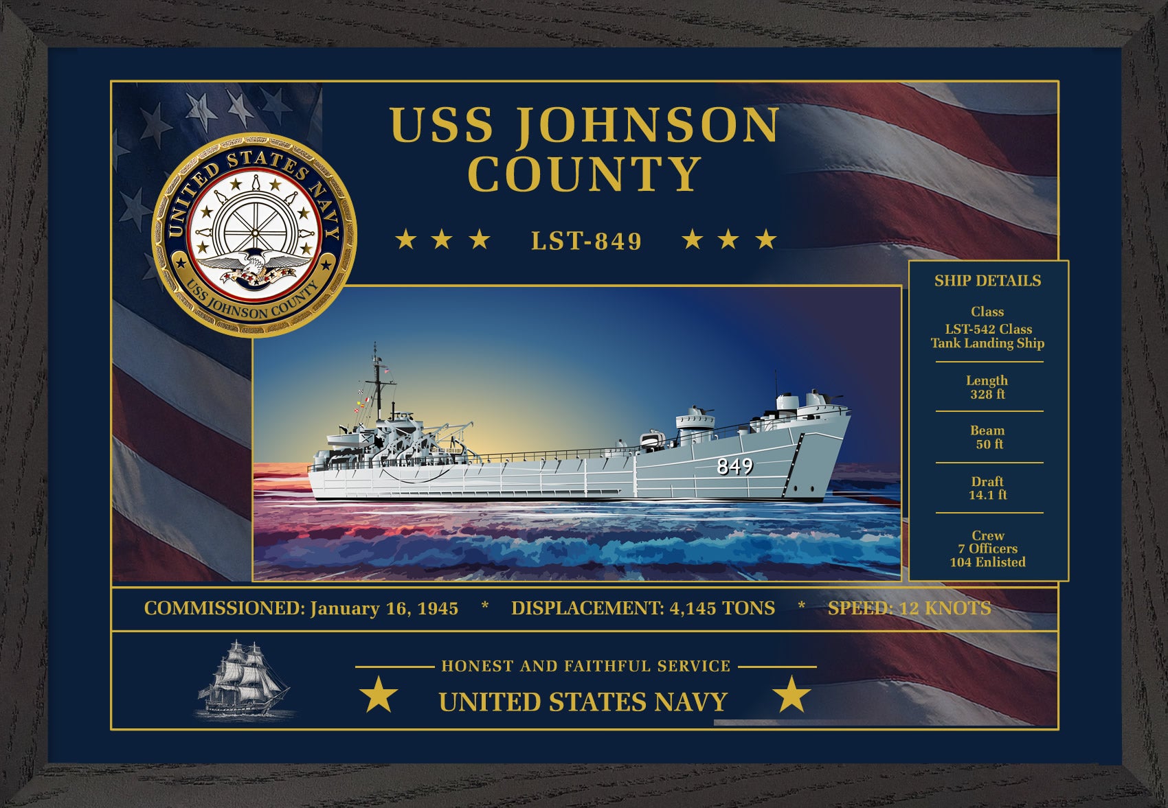 USS Johnson County LST-849 Framed Patriotic Art
