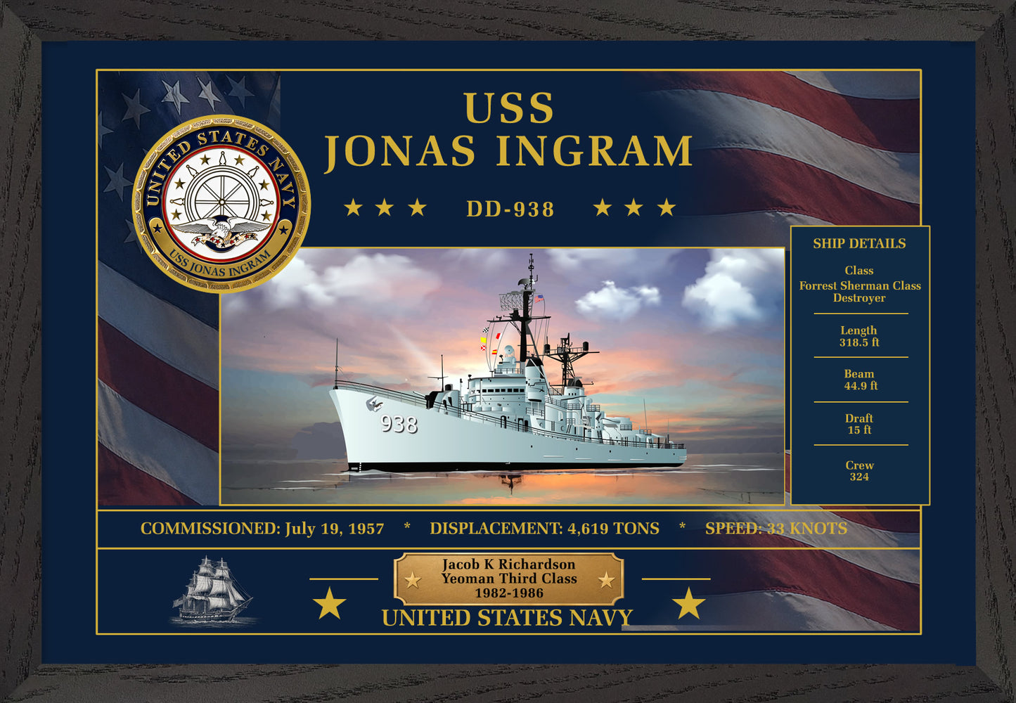 USS Jonas Ingram DD-938 Framed Patriotic Art