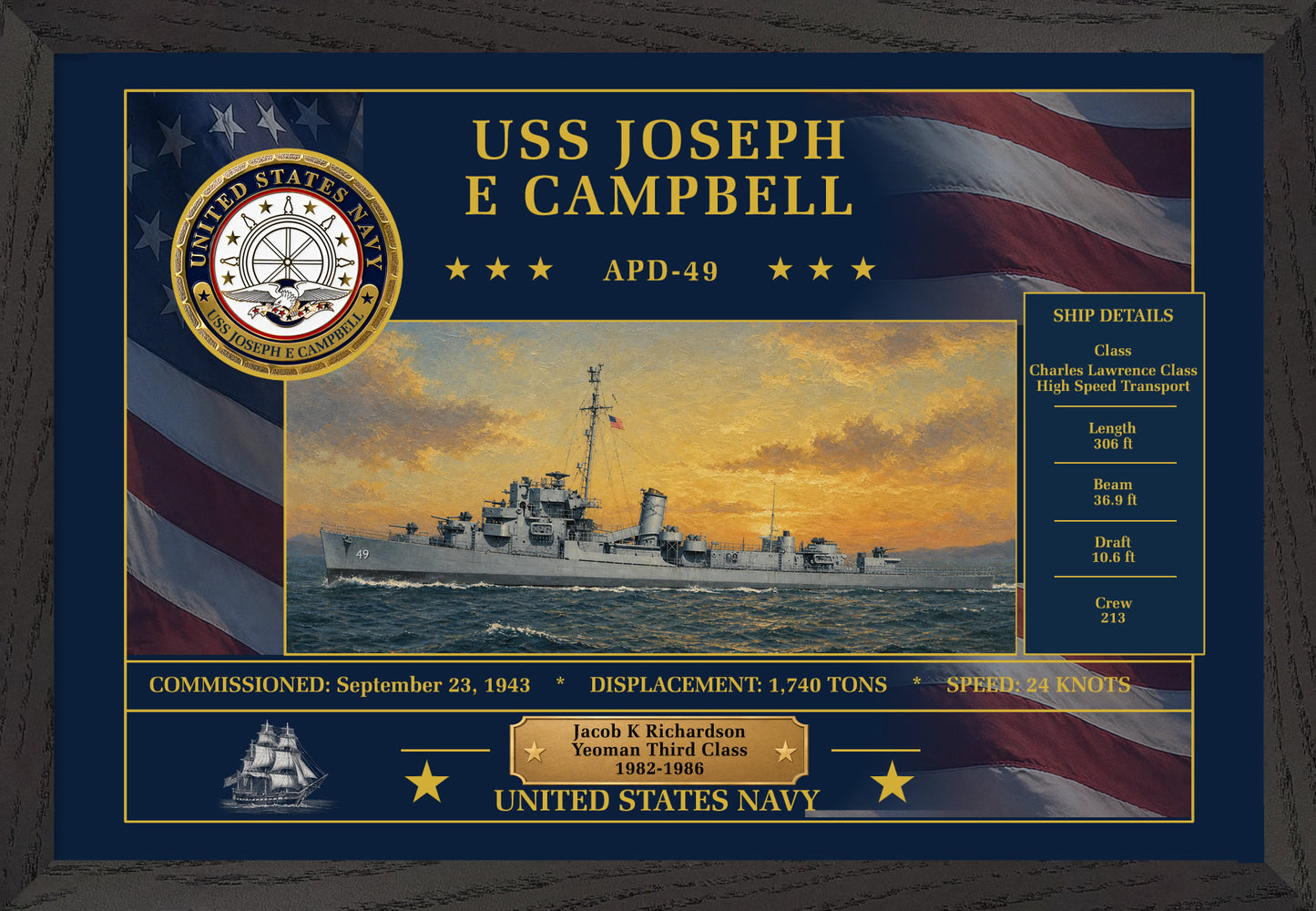USS Joseph E Campbell APD-49 Framed Patriotic Art